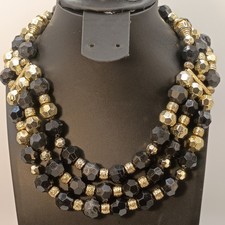   Vintage Black Gold Tone Acrylic Bead Chunky Bib Statement Necklace READ 15"