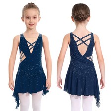 US Kids Girls Dancewear Performance Dresses Lyrical Dress Patchwork Shiny V-Back
