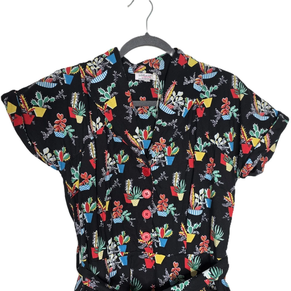 LONDRES UK Love ur Look Años 50 XL Estampado Cactus Camisa Vestido Algodón Orgánico Retro Foto 3 de 4