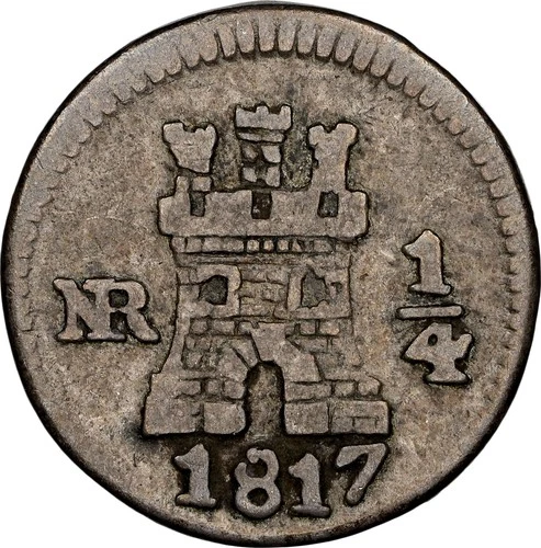 COLOMBIA, Bogotá, 1/4 real, Ferdinand VII, 1817, NGC VF 35, EMO Collection Label