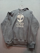 men's gray long-sleeved hooded sweatshirt by Jerzees size M