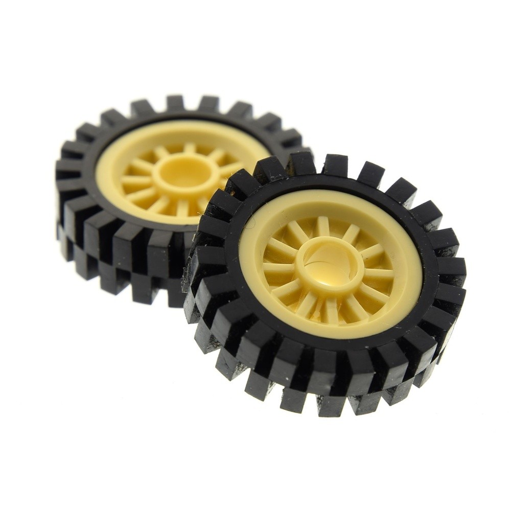 2x Lego Wheel 24x8 Black Rim 2x2 Beige Tire Spokes 348326 4109967 30155c01
