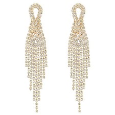 Sparkling Bridal Wedding Prom Rhinestone Tassel Long Dangle Drop Large 18K Go...