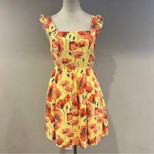 Floral Yellow mini Dress with Red Poppies with open back size small