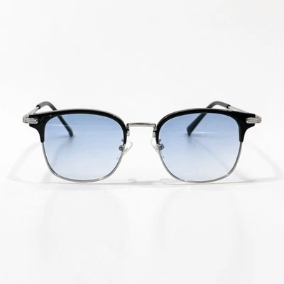 lunettes solaires style retro vintage verres bleu clair à monture noir et argent - Photo 1/2