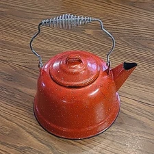 Vintage Farmhouse Style Red Spatter Enamelware Camping Kettle Teapot, Lid Handle