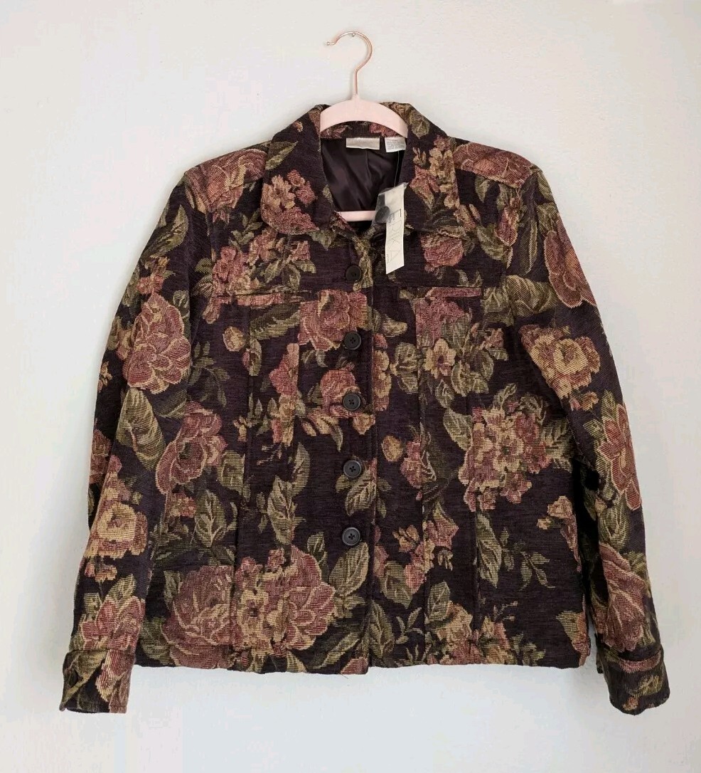 NWT Vintage Erika Women's Brown Floral Jacket Textured Collar Size