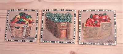 Vintage Tiles Featuring: Crate of Vegetables Lot of 3 - Home Decor-Artist Signed