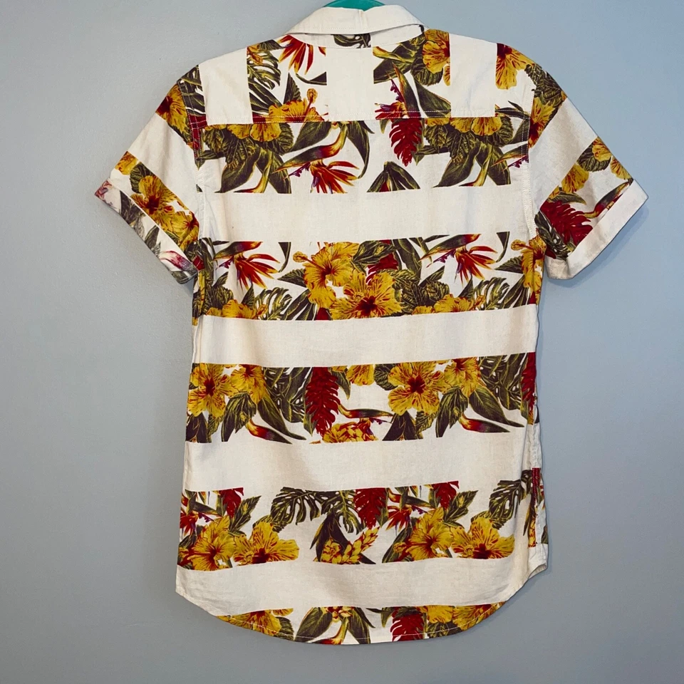 Camisa Hawaiana Tropical A Rayas On the Byas Rayas Aves del Paraíso Pequeña Usada en Excelente Condición Foto 3 de 4
