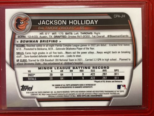 JACKSON HOLLIDAY 2023 Bowman Chrome PROSPECT AUTO #CPA-JH Orioles - Afbeelding 2 van 2