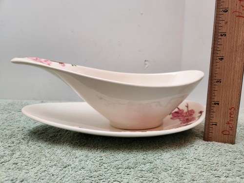 Poppytrail Metlox Pink Peach Blossom Gravy Boat Attached Under Plate - Picture 5 of 9