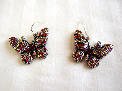 Betsey Johnson Silver Red Gold/Yellow AB Crystal Butterfly Hook Dangle Earrings