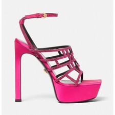 Versace Greca Maze Crystal Open Toe Platform Stiletto Sandal Heels Pink 39EU