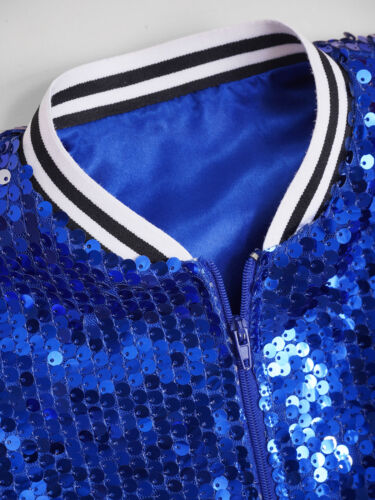 Girls Sequin Bomber Jacket Sparkle Lightweight Zipper Long Sleeve Disco Coat - Picture 17 of 107