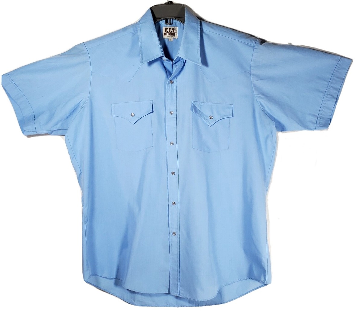 Ely Cattleman Short Sleeve Solid Western Shirt Pearl Snaps Light Blue Men's  17