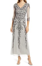 Pisarro Nights Beaded V-Neck A-Line Gown SZ 10 Silver 248
