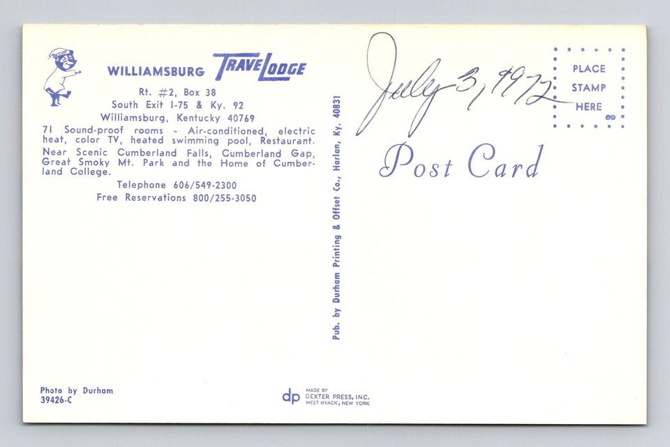 Williamsburg KYKentucky, Williamsburg Travelodge, Advertising Vintage