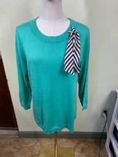 Talbots Sz M Jade Green Lightweight Sweater Striped Silk Scarf 3/4 Sleeve Career