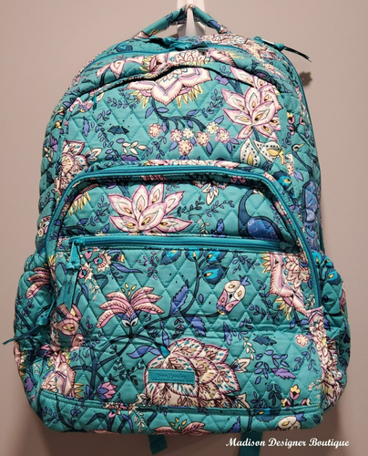 NWT Vera Bradley Large Essential Laptop Backpack, Peacock Garden, Teal