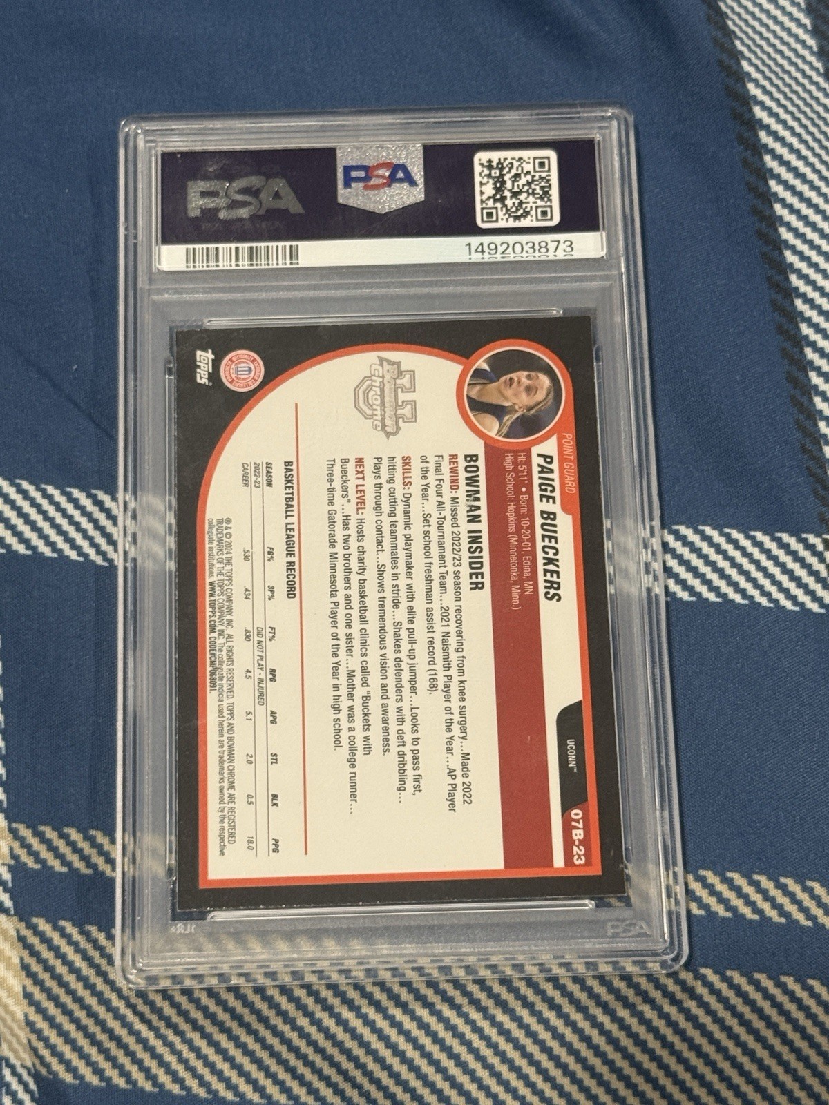 2023-24 Bowman U Chrome 2007-08 X-Fractor Paige Bueckers #07B-23 PSA 10 GEM MINT view 2