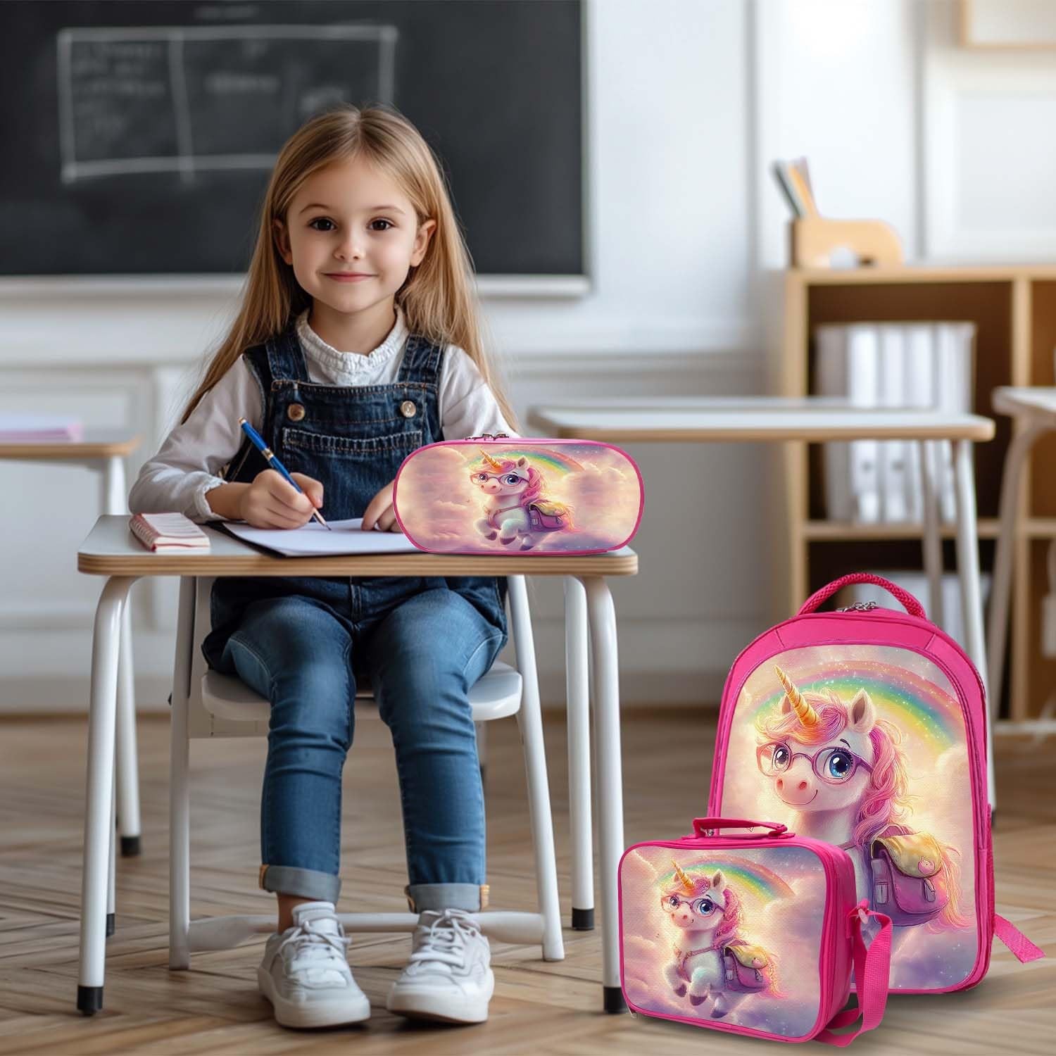 Cute Unicorn Pink Backpack 3PCS 16" Preschool Elementary Schoolbag with Lunch...