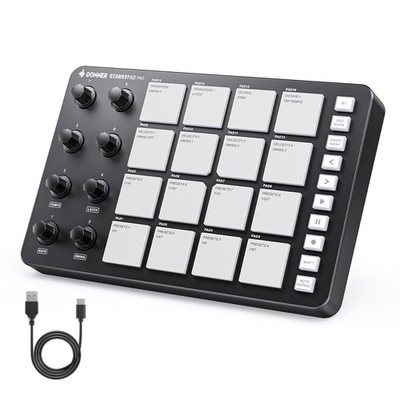 Donner StarryPad Pro Beat-Maker MIDI-Pad-Controller 16 Pads 8 Drehregler Schwarz