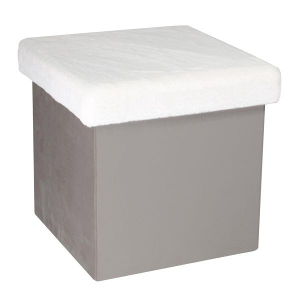 Pouf coffre de rangement gris pliable assise imitation fourrure 40L