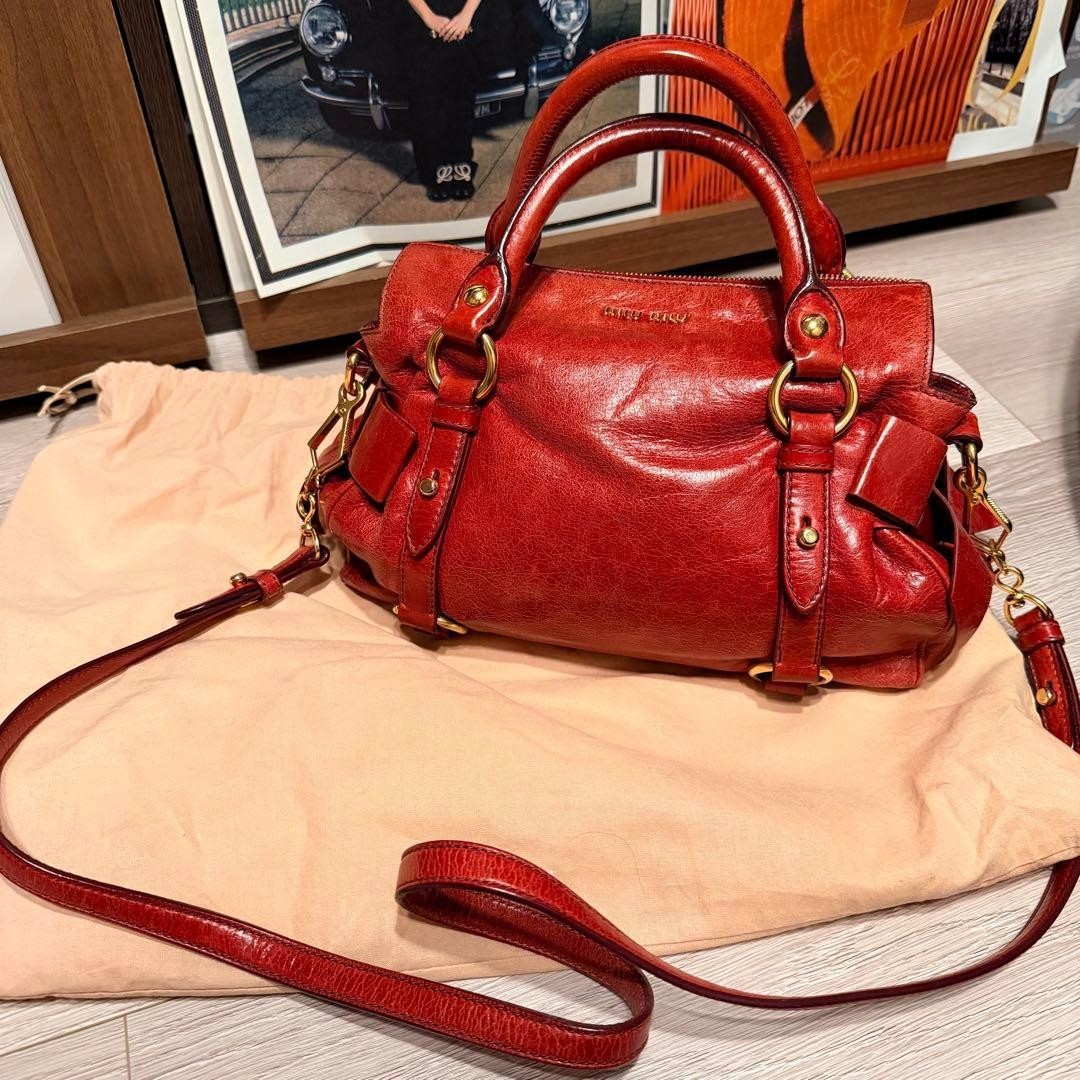 Miu Miu Vitello Lux Side Ribbon 2Way Handbag Red Auth Used Japan image 2