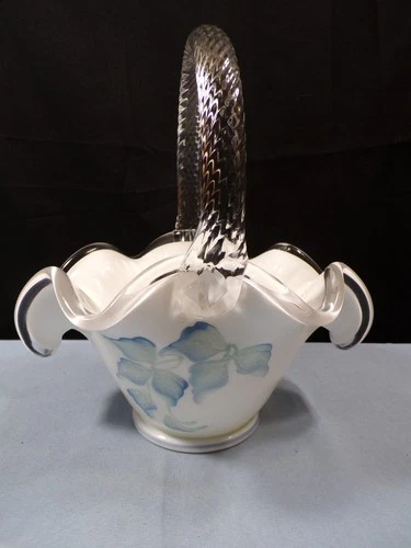 Fenton Hand Painted Milk Glass Silver Crest MORNING MIST Basket
