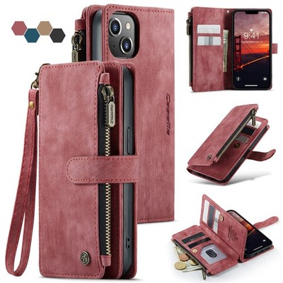iPhone 14 5G Wallet Case with Kickstand Magnetic Zipper Pocket Lanyard Strap ...