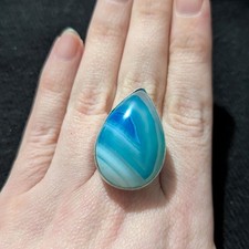 Silver Plated Blue And White Agate Gemstone Teardrop Statement Ring - Size 7-9