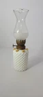 Vintage MCM Small 8" Hobnail Milk Glass Oil Lamp 3-D Flowers Clear Frosted Shade