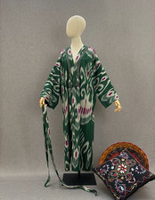 Vintage Uzbek Ikat Chapan Robe Handmade Jacket Cotton Kimono Boho Coat Green