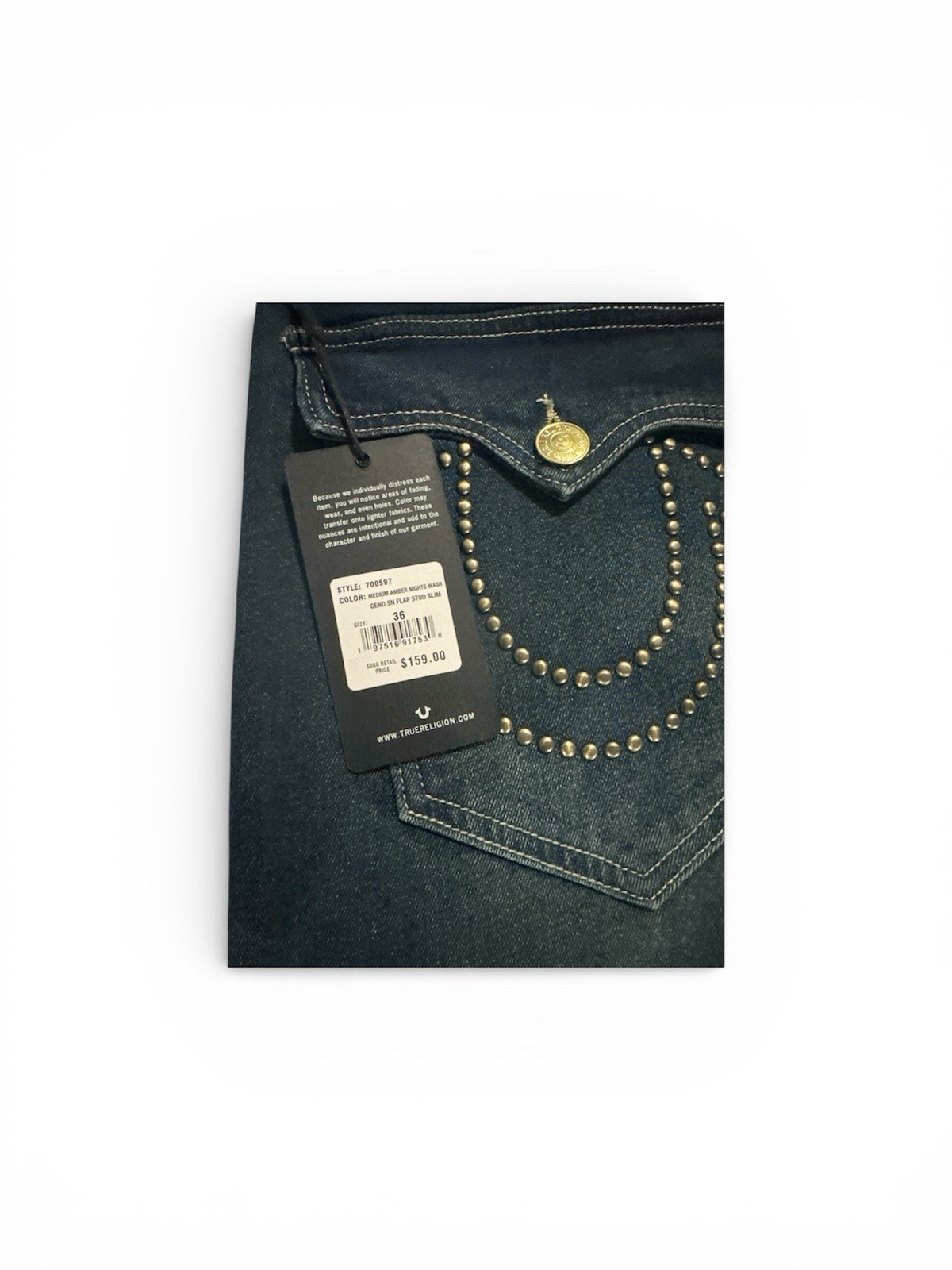 Men’s True Religion Geno Slim Jeans Studded Horseshoe Blue Denim  36Wx32L thumbnail 6