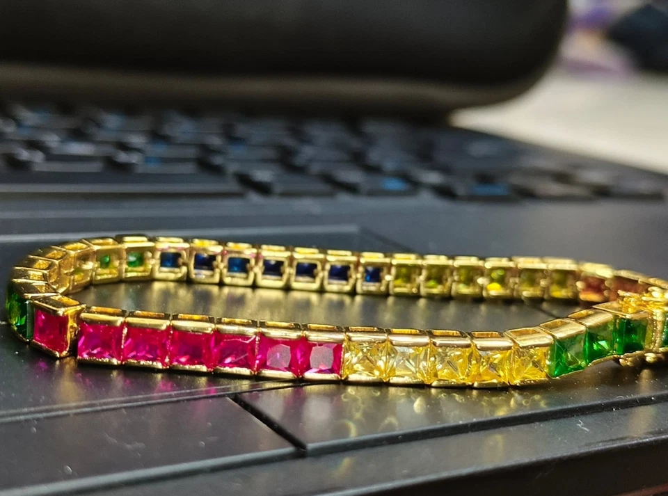 10K Yellow Gold 20Ct Rainbow Sapphires 7" Luxury Tennis Bracelet Multi-Color - Image 2 of 4