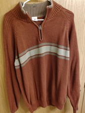 Columbia Knit Pullover Sweater 1/4 Zip Striped Mock Neck Brown XL Men's