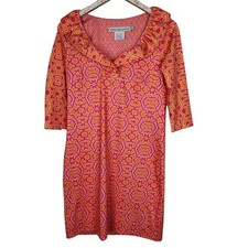 GRETCHEN SCOTT Dress Womens XS Orange Pink Geo Ruffle Neck Shift 3/4 Sleeve