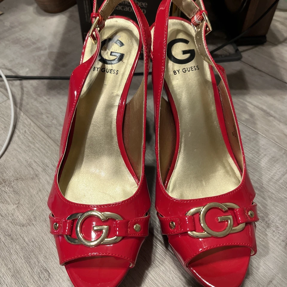 GUESS Patent Leather Platform Red Heels Stilettos Slingback Shoes Size 8.5 - Image 2 of 4
