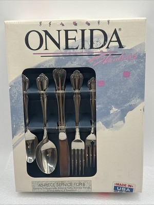 Vintage 1990 Oneida Arbor Rose 40pc 18/0 Stainless Flatware Service for 8 New