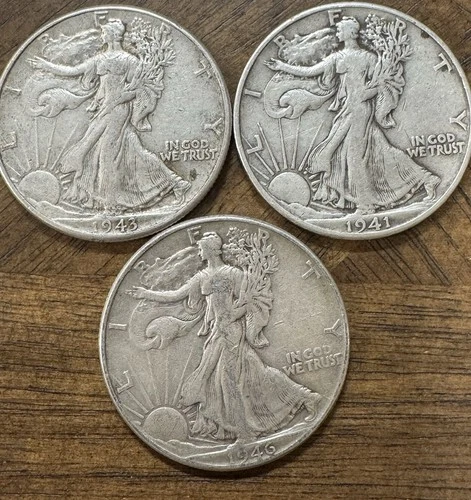 Lot of 3 Walking Liberty Silver Half Dollars. 1941 1943 1946 90%  Silver.