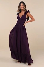 Lulus Women Soiree Celebration Ruffled Lace-Up Maxi Dress Purple L