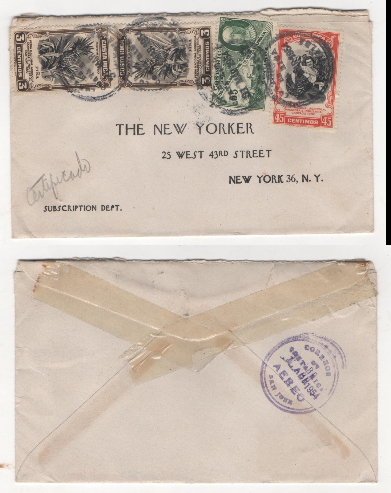 1954 AIRMAIL cover from COSTA RICA to New York NY with 55c 45c 3c stamps box#1