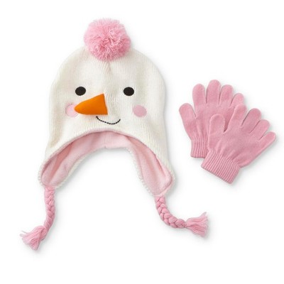 Girls Hat & Glove Set Snowman White One Size Toddler NEW