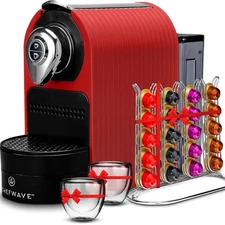 ChefWave Espresso Machine for use with Nespresso Capsules Red Holder and Cups