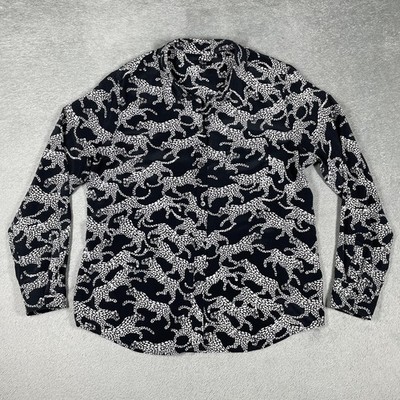 Rails Button-Up Womens L Black Silk Animal Print Collared Long Sleeve Pockets