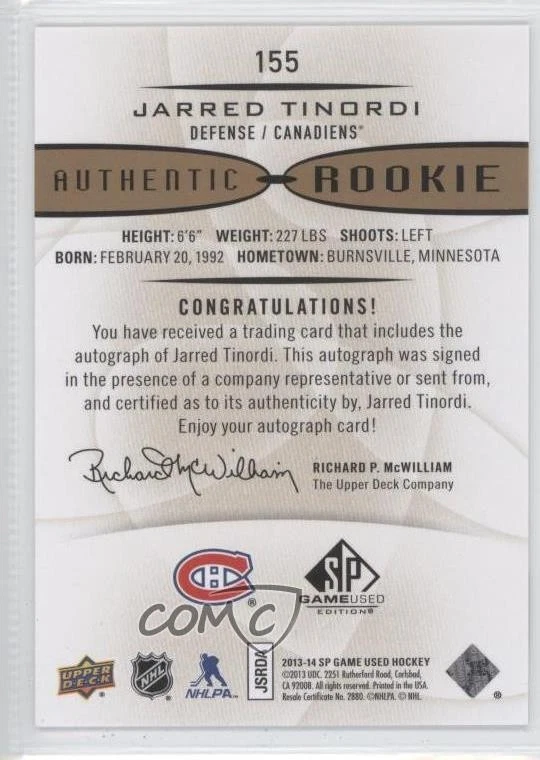 2013 SP Game Used Edition Authentic Rookies Gold Jarred Tinordi Rookie Auto RC - Image 2 of 2