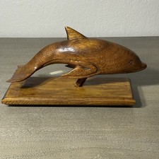 Vintage Carved Wood Dolphin Sculpture on Base Coastal Nautical Decoration
