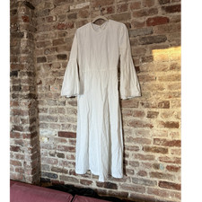 DÔEN Noisette White Eyelet 100% Cotton Midi Dress Long Bell Sleeve Button Size L