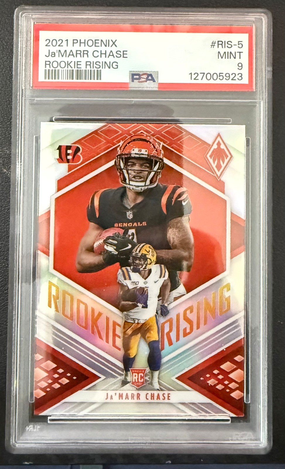 2021 Ja’Marr Chase Panini Phoenix Rookie Rising Silver Prizm RC PSA 9 Pop 20!