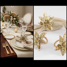 Pottery Born Set Of 4 Gold Leaf Poinsettia Floral Festive Holiday Napkin Rings
